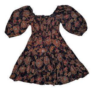 Angie Womens Floral Puff Sleeve Smocked Dress S Navy/Multicolor Rayon, NWT.